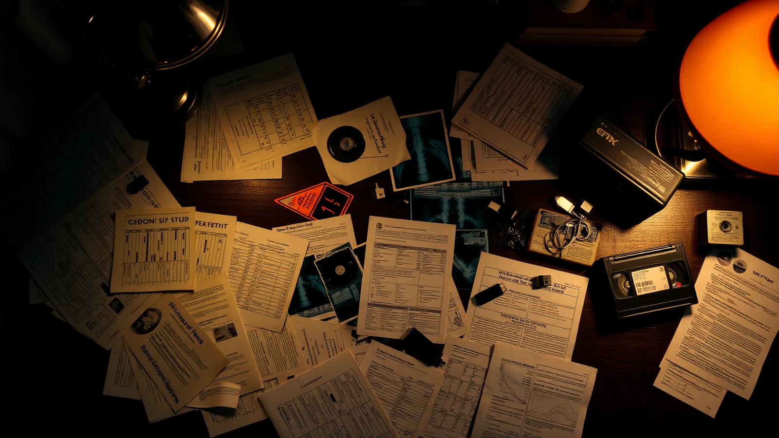 Scattered scouting reports, X-ray film and storage media on a desk , symbolizing fragmented player records.